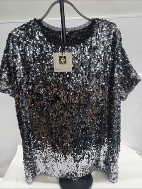 Anne Klein Black and Silver Sequin Short Sleeve Top